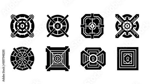 Sci-Fi Futuristic Lock Icon Set, Security Symbols, Digital Vaults, Access Control