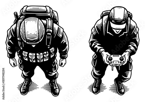 High angle view of two soldiers operating drone remote controller in engraving style