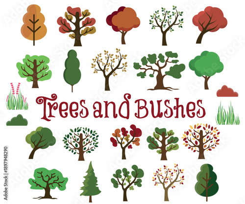 Collection of stylized trees and bushes in various colors