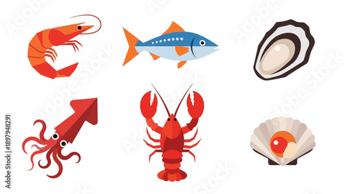 Seafood Collection: Shrimp, Fish, Oyster, Squid, Lobster, Scallop - Flat Icons