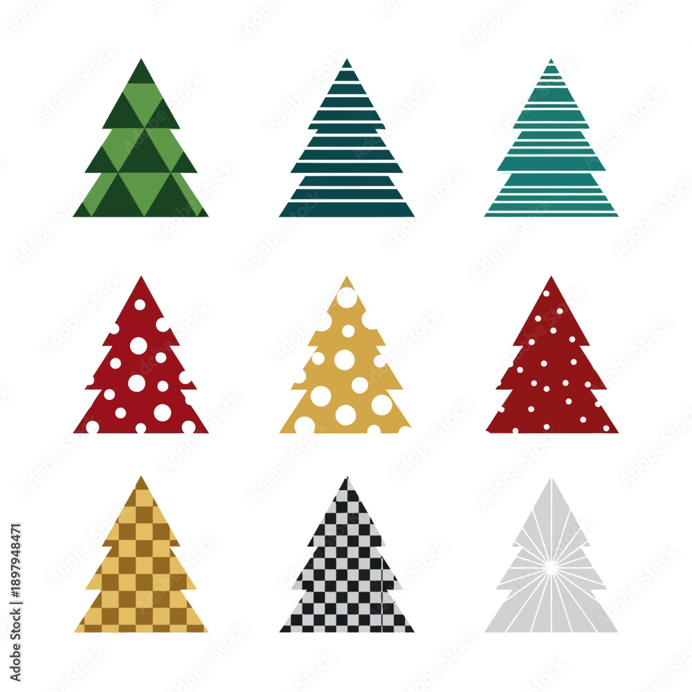 Obraz premium Set of 9 Decorative Christmas Trees with Geometric Patterns and Polka Dots