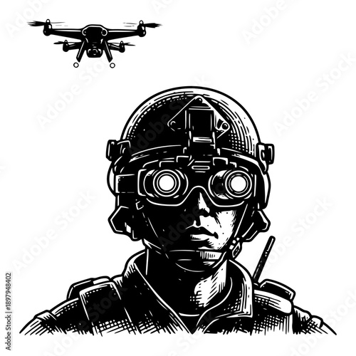 Portrait of modern soldier wearing night vision goggles with drone overhead in engraving style