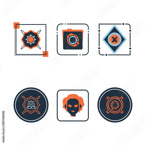 Set of 6 Modern Flat Icons: Shield, Camera, Cross, Mask, Compass, Chat Bubble