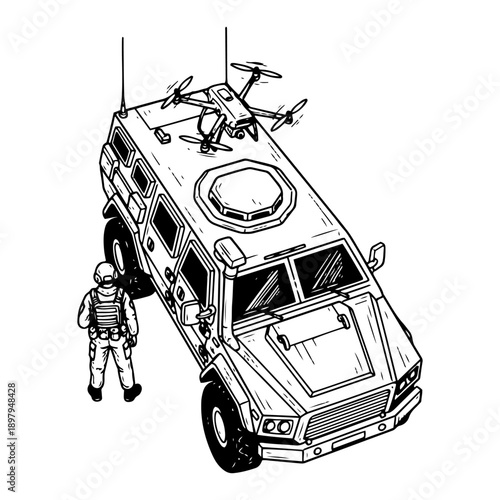Military armored vehicle with surveillance drone on roof and soldier standing nearby in woodcut style