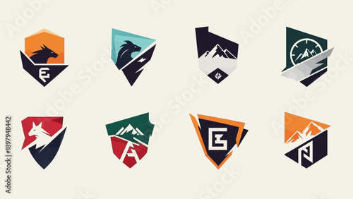 Set of 8 Emblem Badges with Animals, Mountains, Compass, and Geometric Shapes