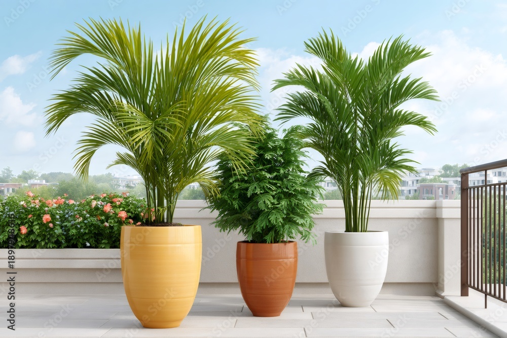 Naklejka premium Potted palm trees and greenery on sunny rooftop balcony