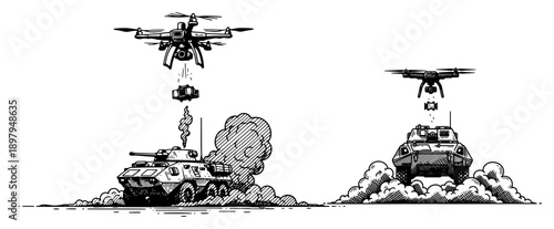 Combat drones dropping bombs on armored military vehicles in black and white engraving style