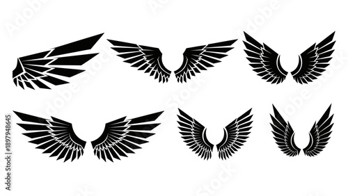 Set of Black Angel Wings Silhouettes on White Background