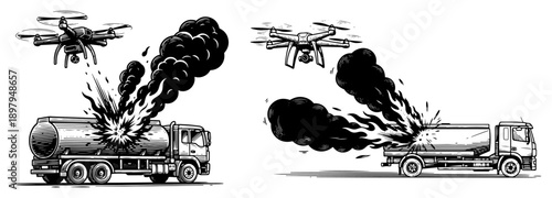 Military drones attacking fuel tanker trucks causing fire and heavy smoke in engraving style