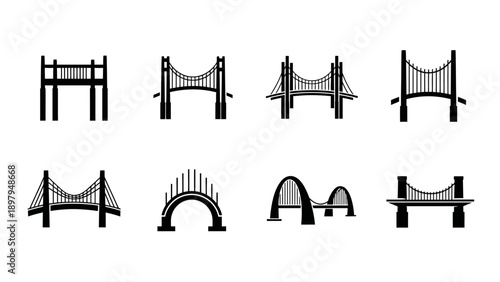 Set of Black Bridge Silhouettes Icons, Vector Collection