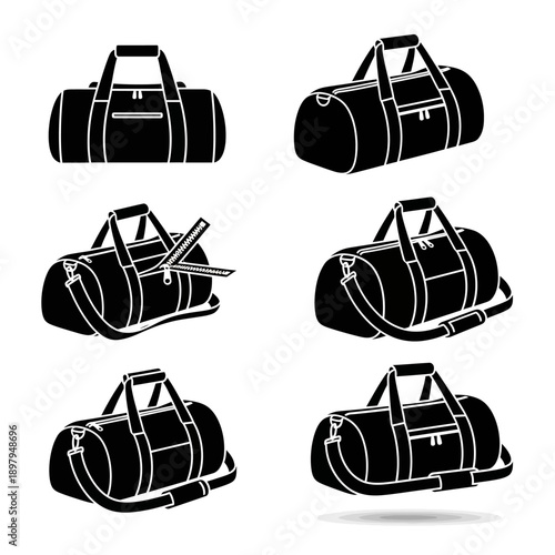 Set of black duffel bags, gym bags, and travel bags on a white background