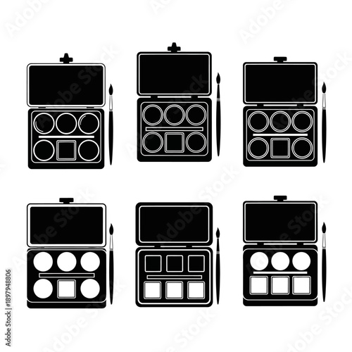 Set of Black Makeup Palettes, Cosmetic Cases, and Brushes - Top View