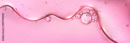 Transparent gel serum liquid texture with round drops and bubbles on pink background, realistic vector. Hyaluronic acid, collagen or skincare cosmetic essence. Abstract beauty product close up