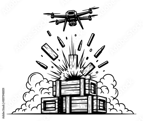 Military drone destroying ammo crates with an explosion in vintage engraving style