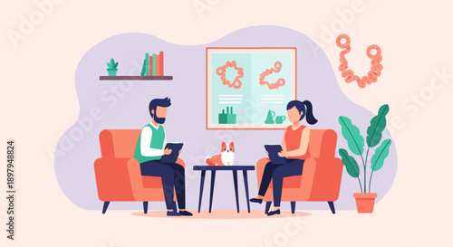 Two people and a dog sit in chairs, looking at tablets in a room