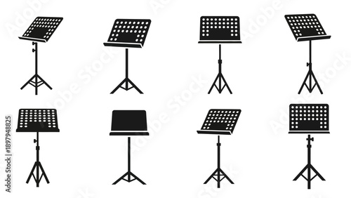 Set of Black Music Stands Icons, Isolated on White Background