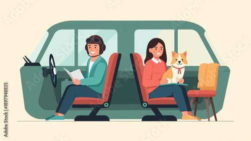 Two people and a dog sit inside a vehicle, with one person reading and the other holding the dog