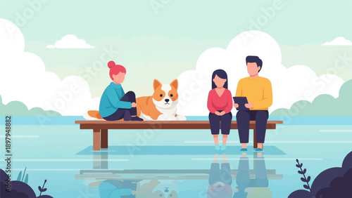 Two people and a dog sit on a dock over reflective water with clouds