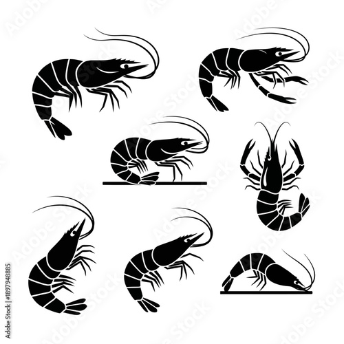 Set of Black Shrimp Silhouettes on White Background, Seafood Icons