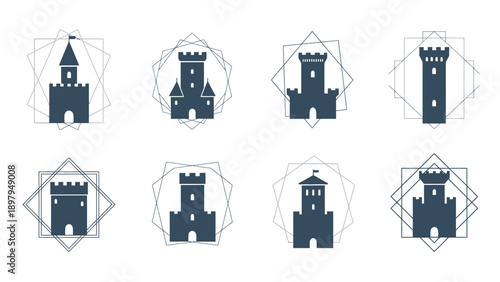 Set of Castle Icons, Medieval Fortress Silhouettes with Geometric Frames, Vector Graphics