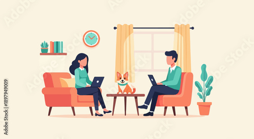 Two people and a dog work on laptops in a cozy living room setting