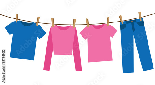 Laundry line with colorful clothes drying in fresh air daily household chore
