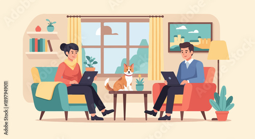 Two people and a dog work on laptops in a cozy living room