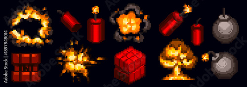 Retro 8-bit pixel explosion with vibrant fire, bomb and dynamite isolated on black bg. Vector illustrations of classic arcade game design, vintage computer animation, nostalgic video game blast icons.