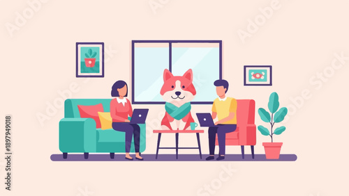 Two people and a dog work on laptops in a cozy, modern living room