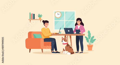Two people and a dog work on laptops in a home office setting