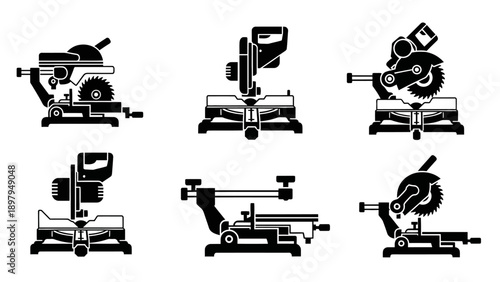 Set of Circular Saw Icons: Miter Saw, Chop Saw, Sliding Compound Miter Saw