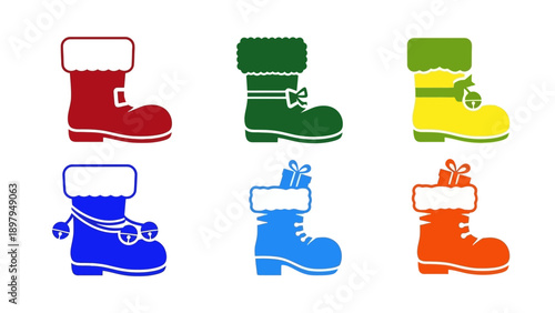 Set of Colorful Christmas Boots Icons with Gifts and Bells