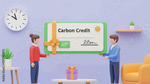 Two people hold a framed "Carbon Credit" certificate tied with a ribbon