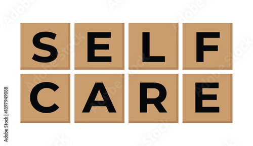 Self care word on cardboard blocks vector illustration isolated on transparent background