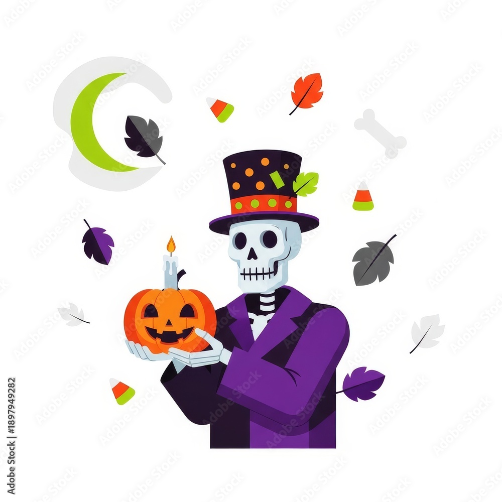 Fototapeta premium St. Skeletor's Day vector illustration of skeleton with pumpkin and candle