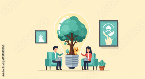 Two people brainstorm around a giant lightbulb with a tree and animal