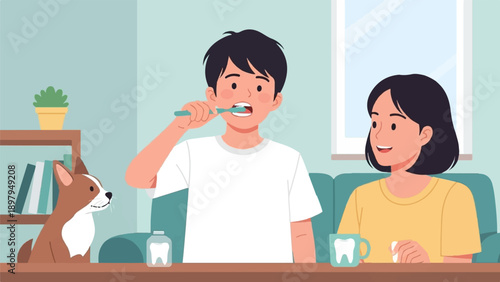 Two people brushing teeth, a dog on a shelf, and a plant indoors