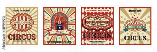 Retro circus carnival cards set, poster design with classic striped tent. Vintage vector illustration, fair striped background, ornamental borders for festive flyer layouts and event promotions