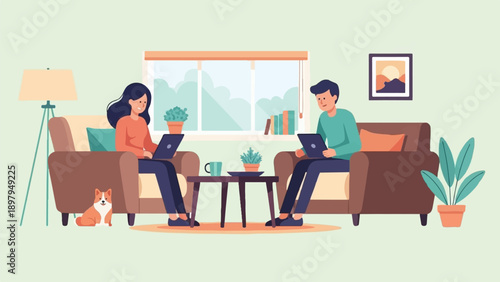 Two people and a dog working on laptops in a cozy living room (2)