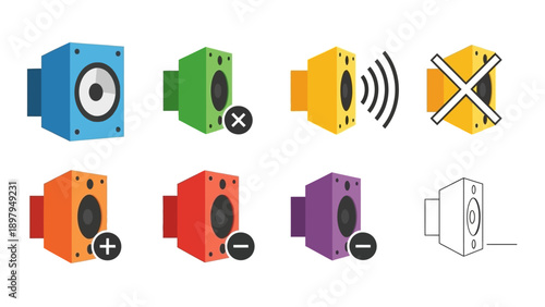 Set of colorful speaker icons with volume and mute symbols, vector illustration
