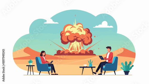 Two people calmly work on laptops in chairs as a mushroom cloud explodes behind them