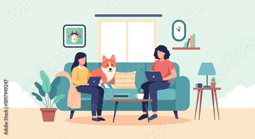 Two people and a dog working on laptops in a cozy living room (1)