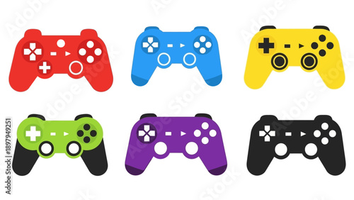 Set of colorful video game controllers, top view, isolated on white background