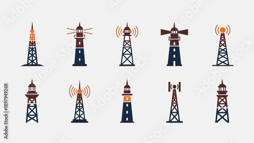 Set of Communication Towers and Lighthouses Icons