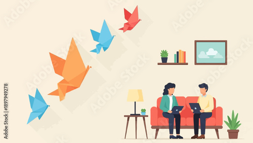 Two people collaborate indoors with origami birds flying