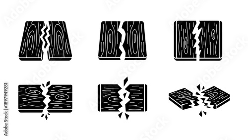 Set of Cracked Wood Icons: Broken Planks, Splintered Timber, Damaged Wood Texture