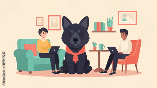 Two people and a dog working on laptops in a cozy living room setting (1)