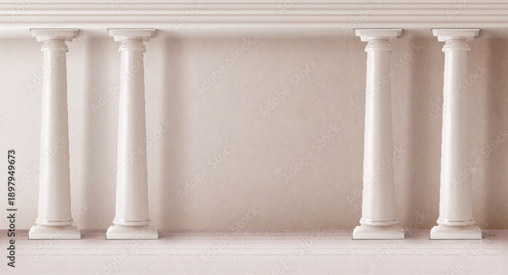 Obraz premium Ancient greek, roman arch with marble columns, classical pillar design background. Realistic vector illustration of greece temple architecture with stone colonnade, tile floor, ornate entrance portal