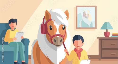 Two people and a pony in a room, one man sits, the other stands