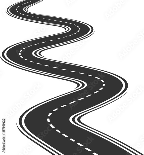 Winding road with dashed lines on transparent background. Transportation and journey concept illustration